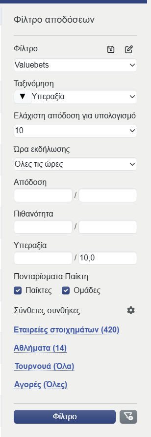 Valuebets filter